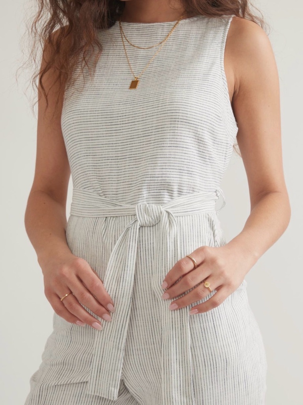 Sleeveless Stripe Tie-Waist Jumpsuit in Light Gray